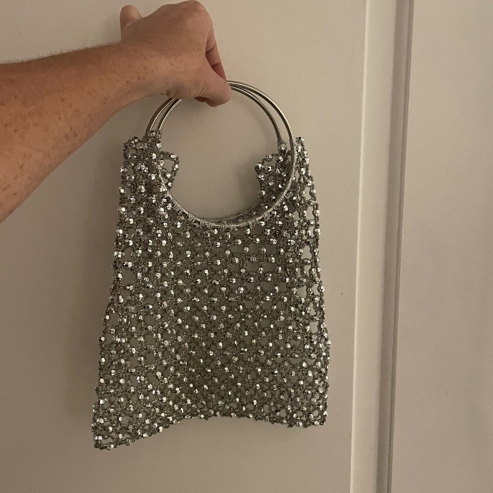Metallic Silver Beaded Open Weave Clutch